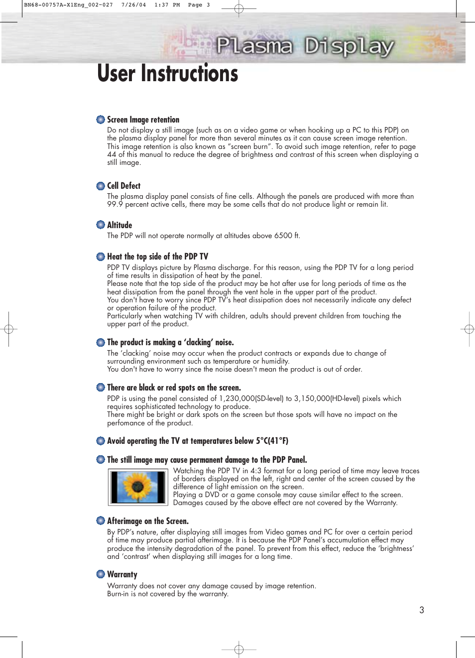 User instructions | Samsung HPP4271X-XAA User Manual | Page 3 / 116