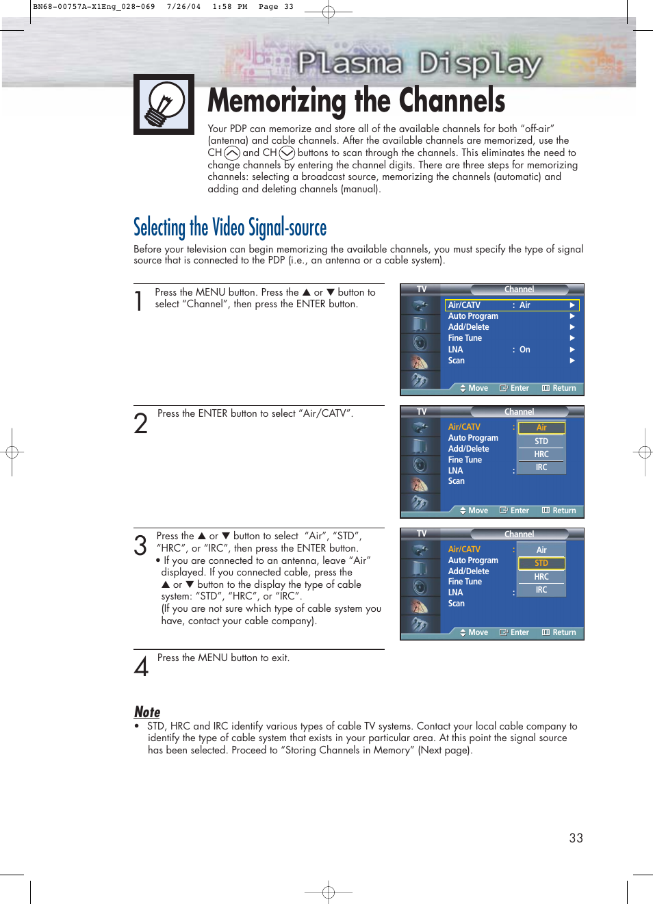 Memorizing the channels, Selecting the video signal-source | Samsung HPP4271X-XAA User Manual | Page 33 / 116