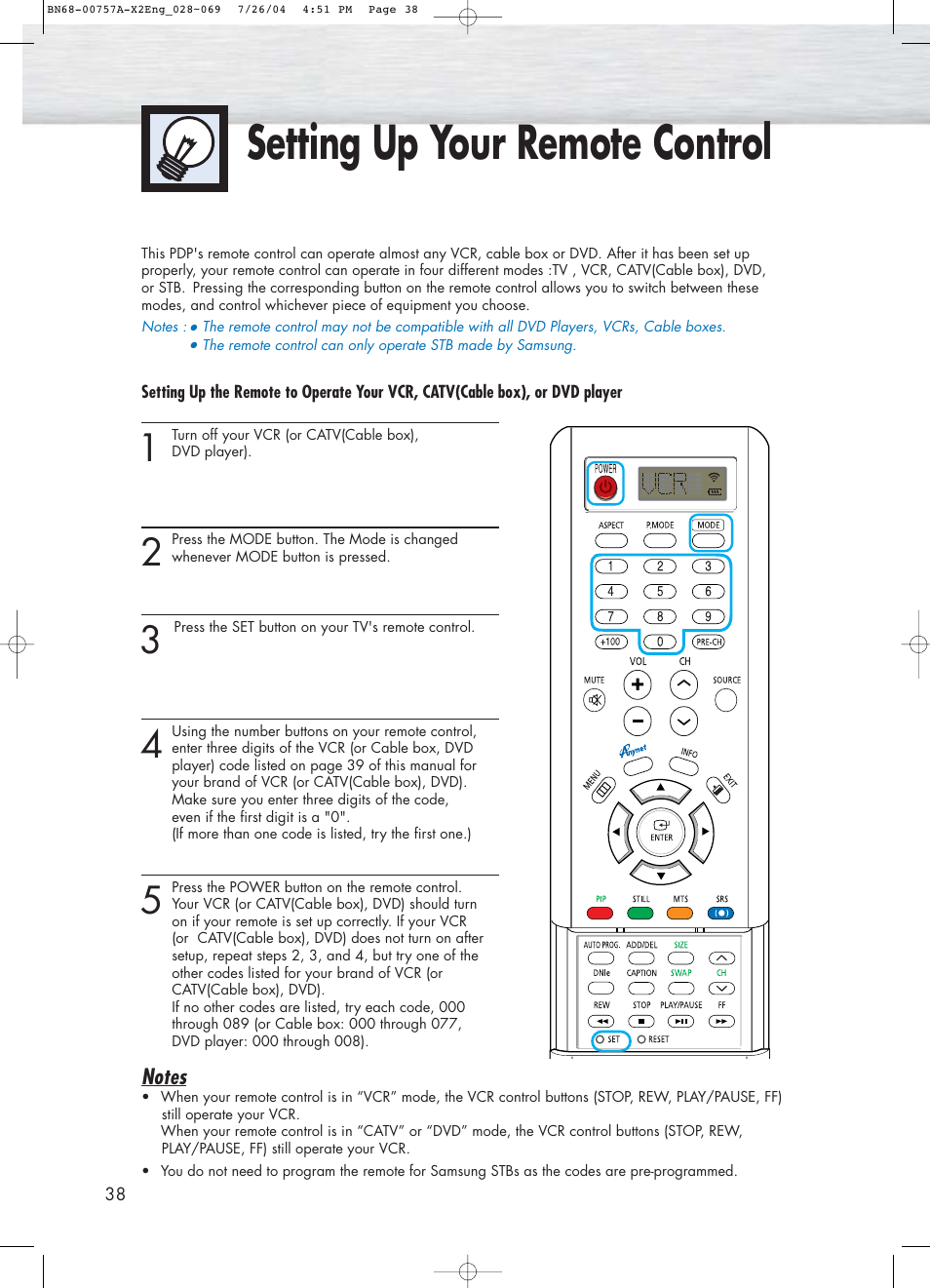 Setting up your remote control | Samsung HPP4271X-XAA User Manual | Page 38 / 116