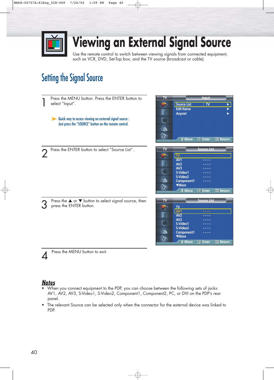 Viewing an external signal source, Setting the signal source | Samsung HPP4271X-XAA User Manual | Page 40 / 116