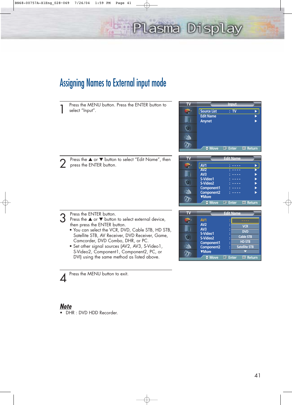 Assigning names to external input mode | Samsung HPP4271X-XAA User Manual | Page 41 / 116