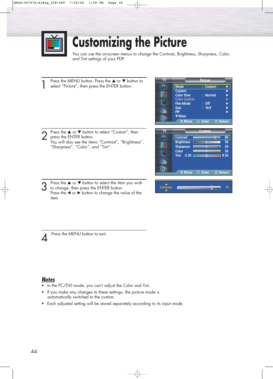 Customizing the picture | Samsung HPP4271X-XAA User Manual | Page 44 / 116