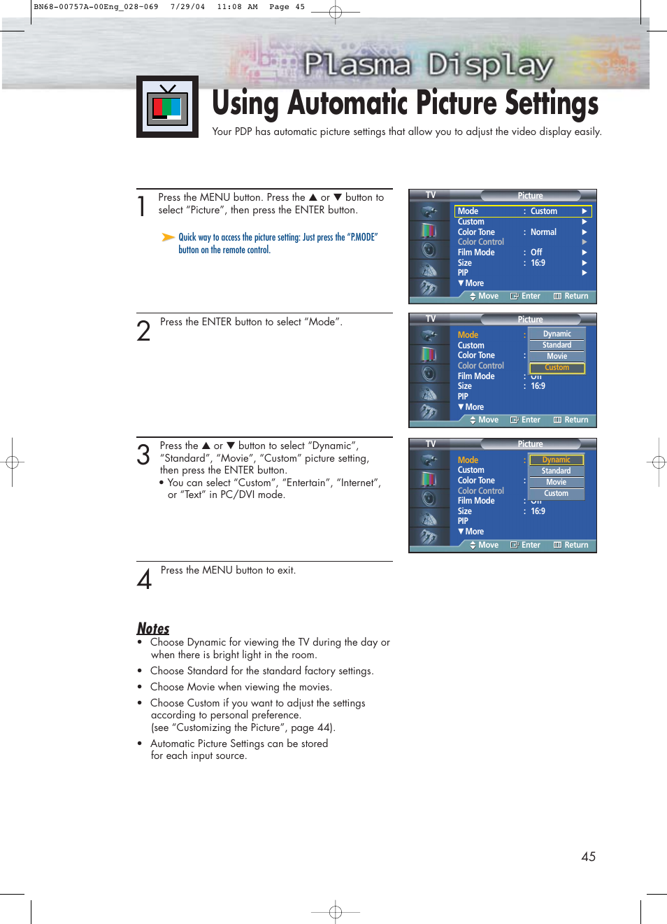 Using automatic picture settings | Samsung HPP4271X-XAA User Manual | Page 45 / 116