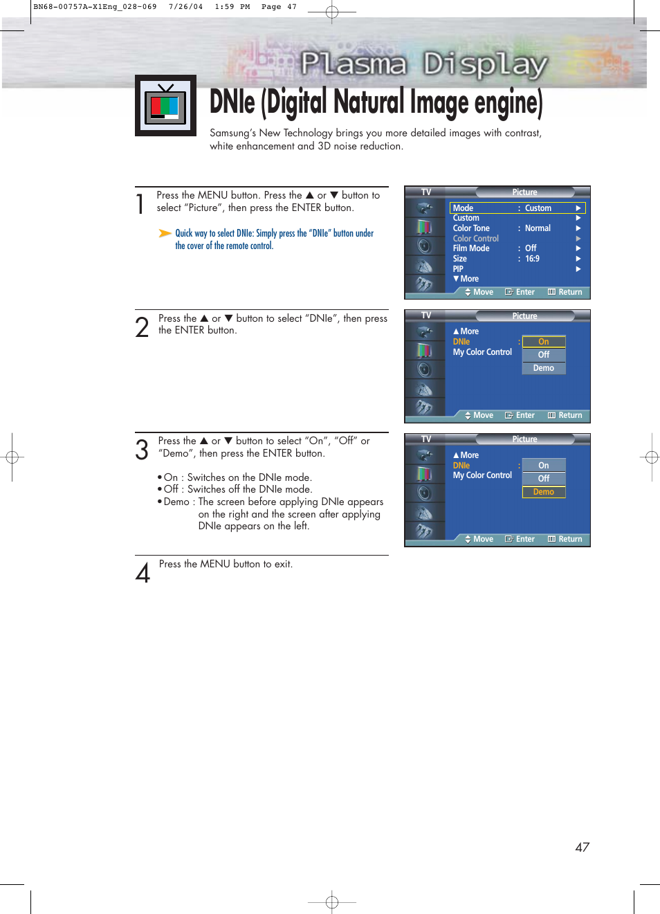 Dnie (digital natural image engine) | Samsung HPP4271X-XAA User Manual | Page 47 / 116