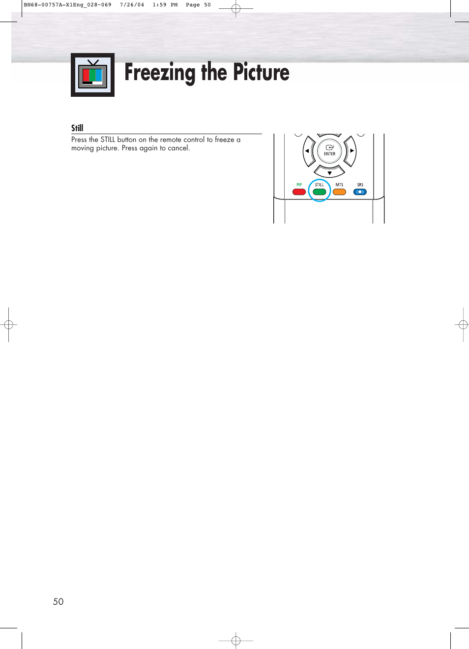 Freezing the picture | Samsung HPP4271X-XAA User Manual | Page 50 / 116