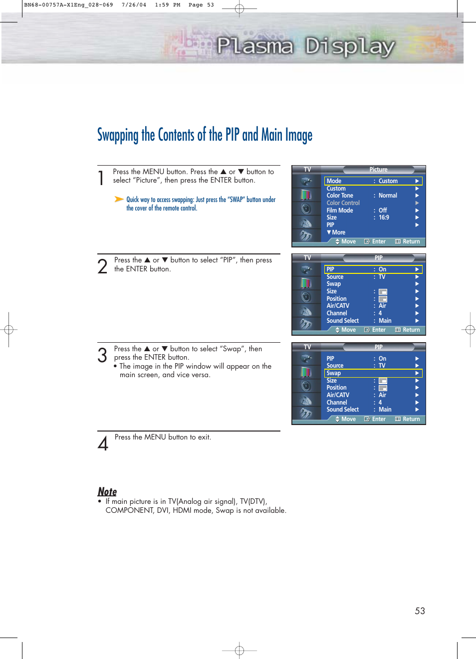 Swapping the contents of the pip and main image | Samsung HPP4271X-XAA User Manual | Page 53 / 116