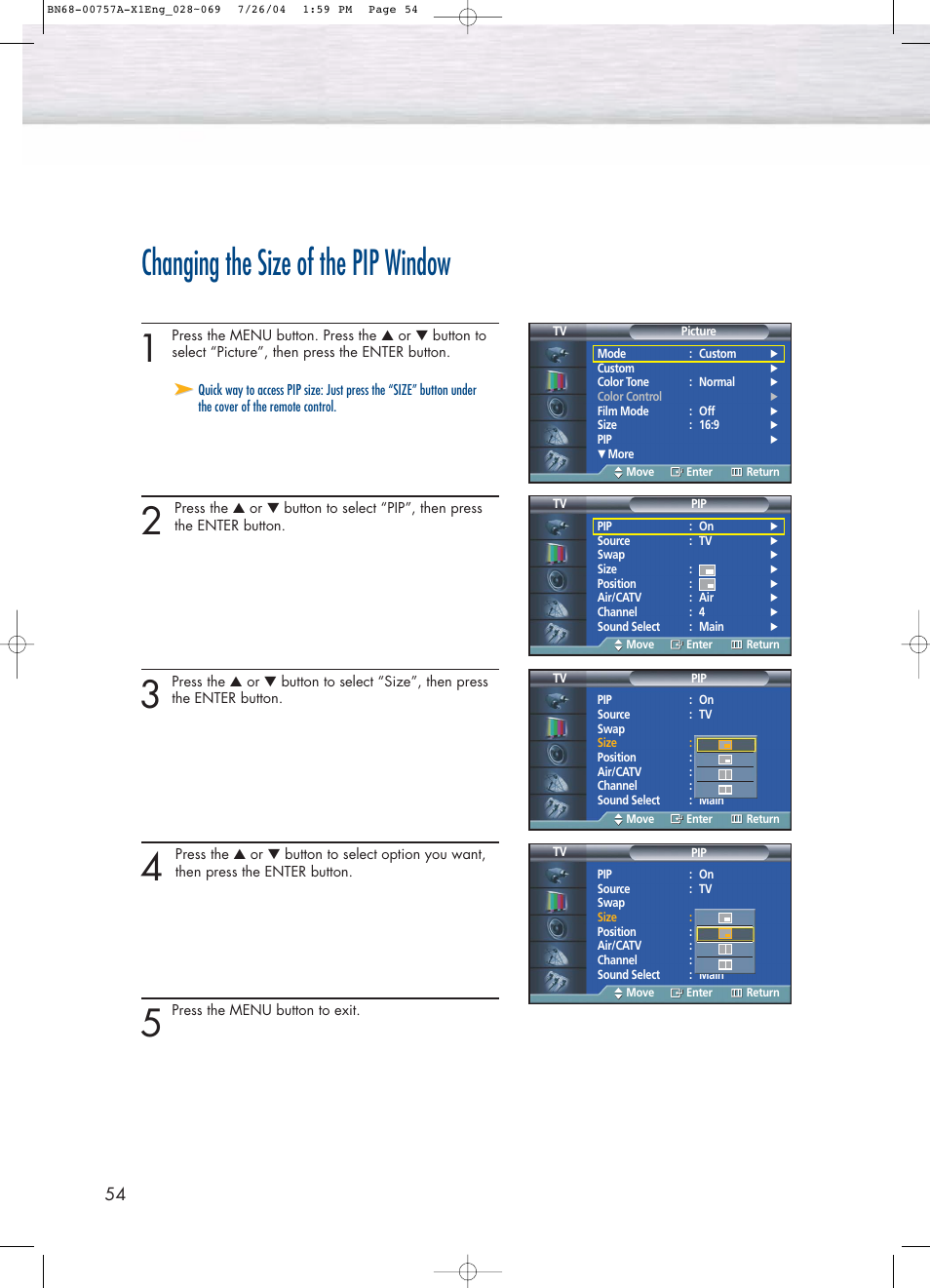 Changing the size of the pip window | Samsung HPP4271X-XAA User Manual | Page 54 / 116