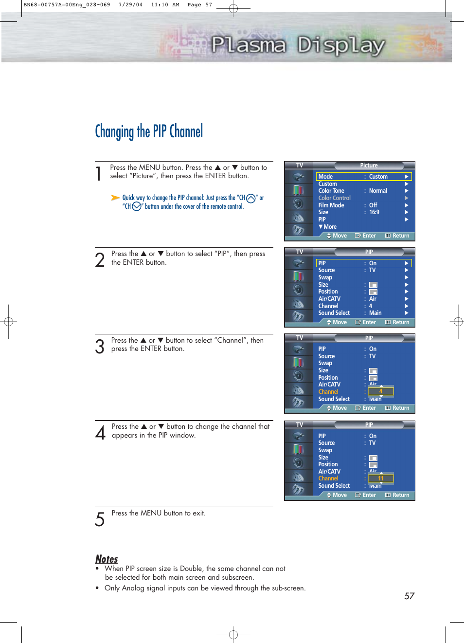 Changing the pip channel | Samsung HPP4271X-XAA User Manual | Page 57 / 116