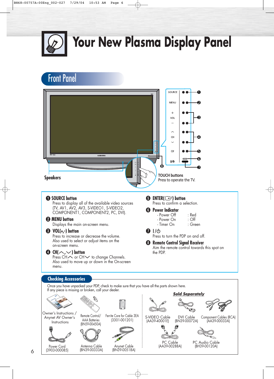 Your new plasma display panel, Front panel | Samsung HPP4271X-XAA User Manual | Page 6 / 116