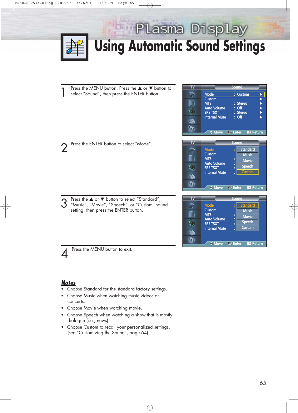 Using automatic sound settings | Samsung HPP4271X-XAA User Manual | Page 65 / 116