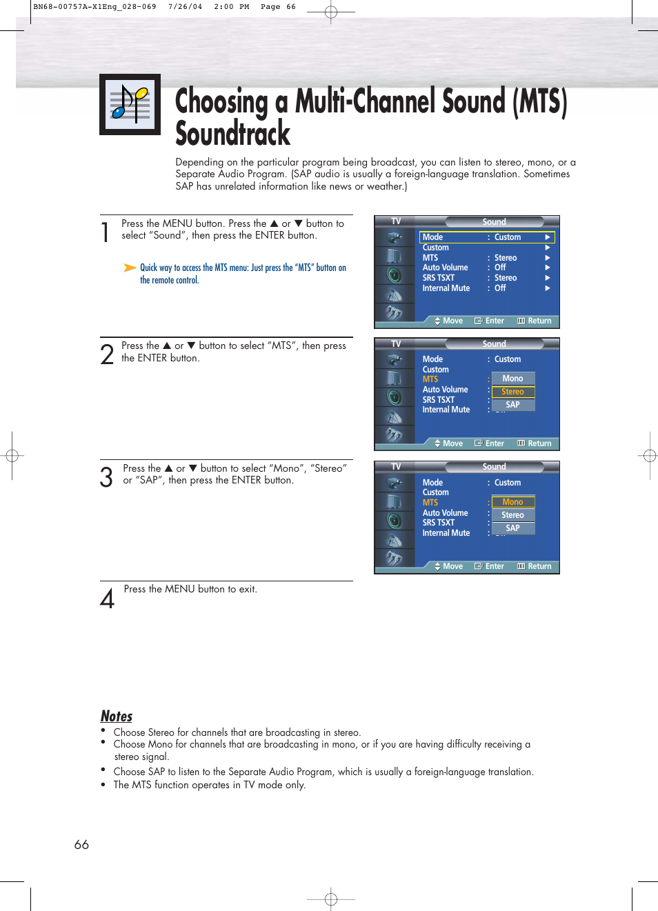 Choosing a multi-channel sound (mts) soundtrack | Samsung HPP4271X-XAA User Manual | Page 66 / 116