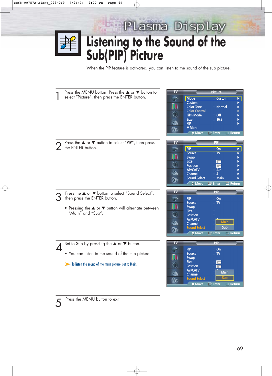 Listening to the sound of the sub(pip) picture | Samsung HPP4271X-XAA User Manual | Page 69 / 116