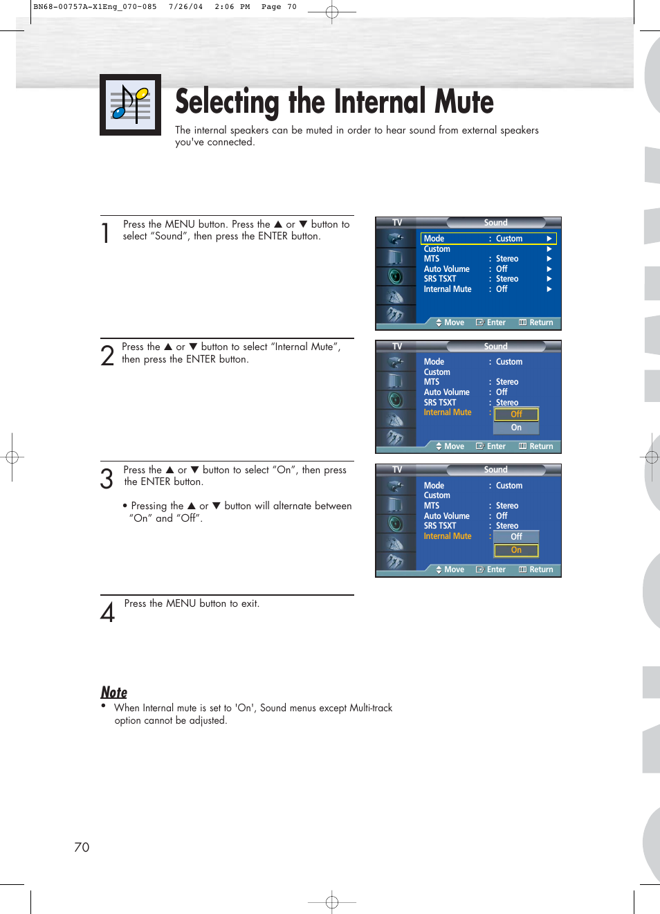 Selecting the internal mute | Samsung HPP4271X-XAA User Manual | Page 70 / 116