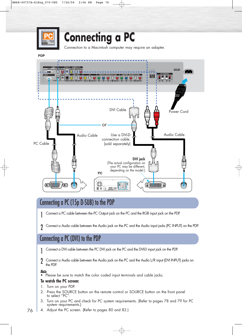 Connecting a pc, Connecting a pc (15p d-sub) to the pdp, 12 connecting a pc (dvi) to the pdp | Samsung HPP4271X-XAA User Manual | Page 76 / 116