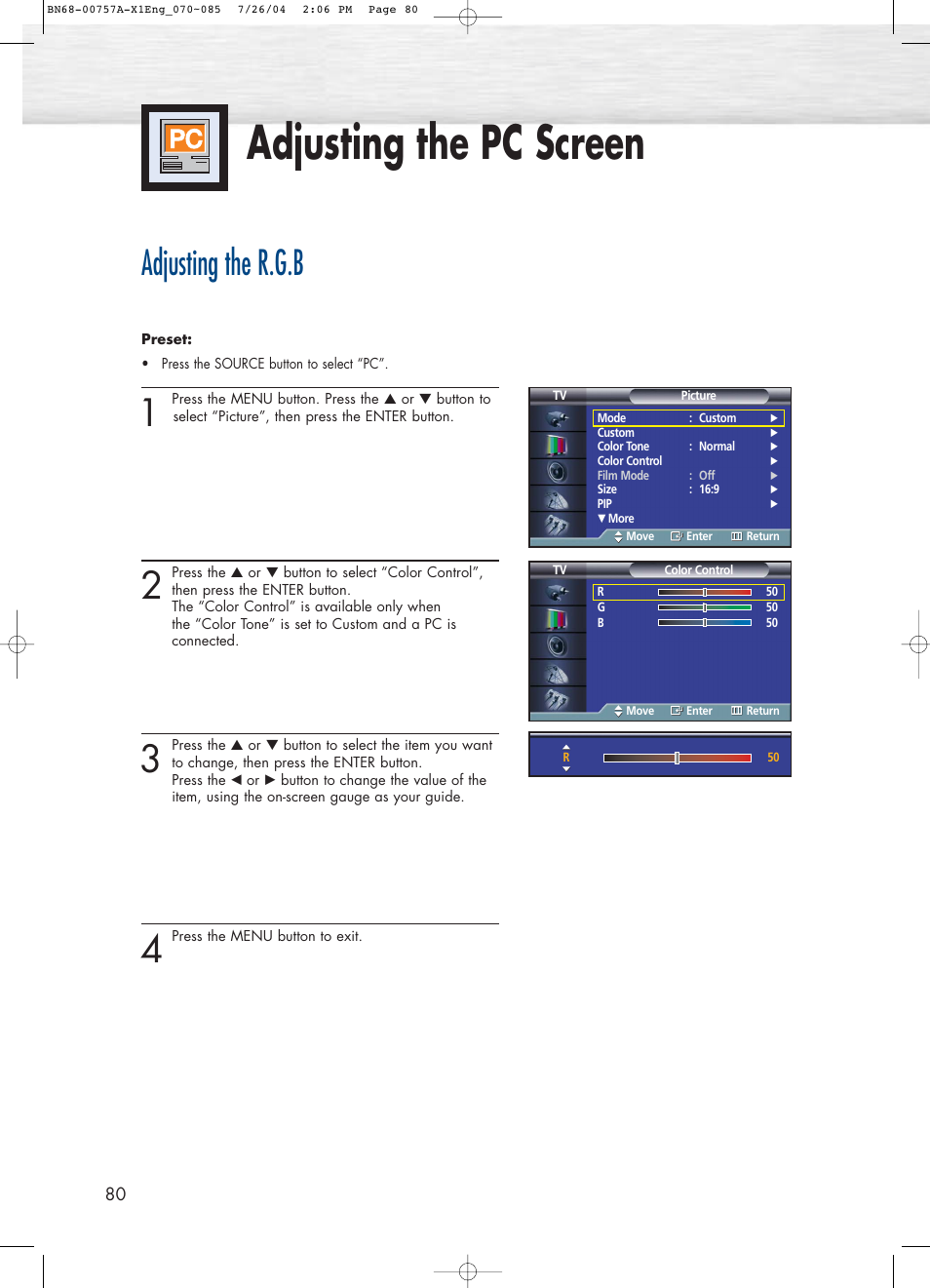 Adjusting the pc screen, Adjusting the r.g.b | Samsung HPP4271X-XAA User Manual | Page 80 / 116