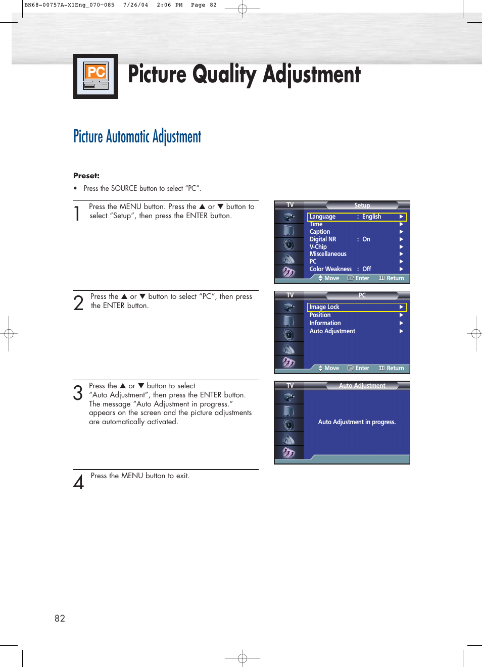 Picture quality adjustment, Picture automatic adjustment | Samsung HPP4271X-XAA User Manual | Page 82 / 116