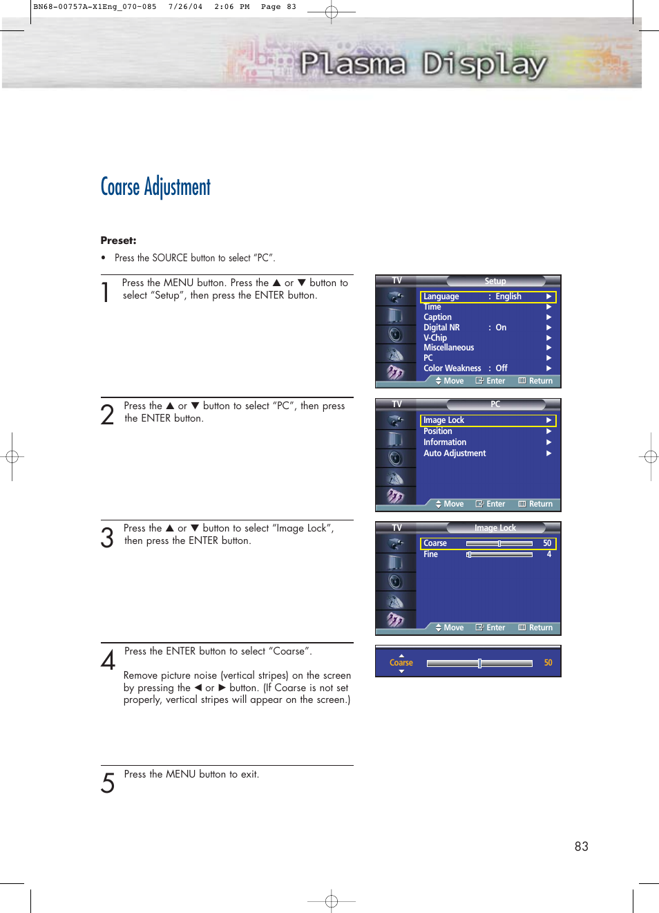 Coarse adjustment | Samsung HPP4271X-XAA User Manual | Page 83 / 116