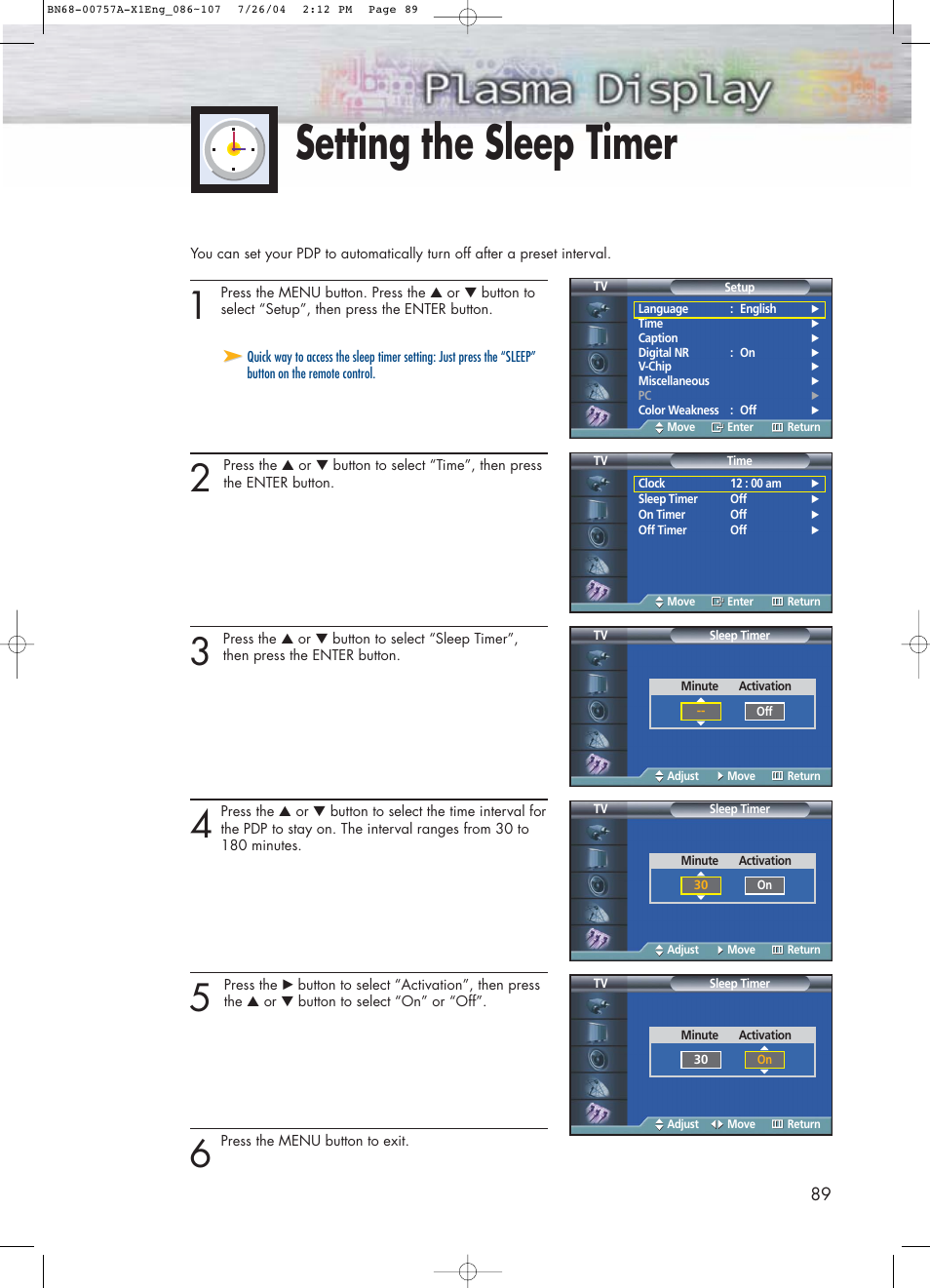 Setting the sleep timer | Samsung HPP4271X-XAA User Manual | Page 89 / 116