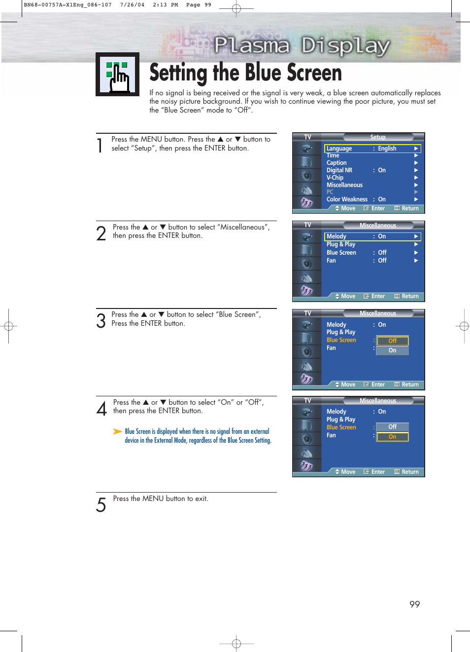 Setting the blue screen | Samsung HPP4271X-XAA User Manual | Page 99 / 116