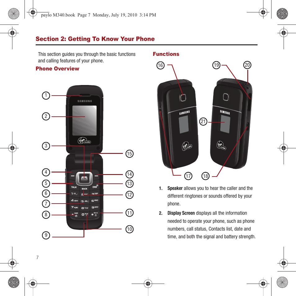 Section 2: getting to know your phone, Phone overview, Functions | Section 2: getting to know, Your phone, Phone overview functions | Samsung SPH-M340ZPAVMU User Manual | Page 10 / 106