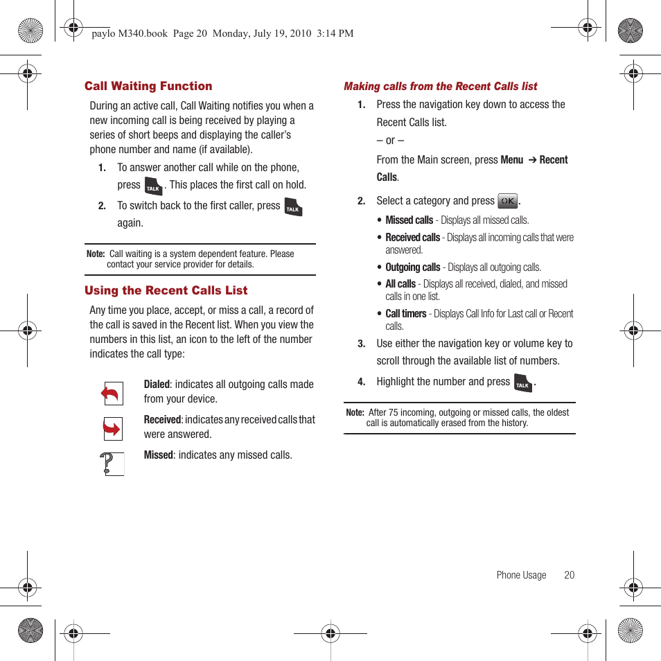 Call waiting function, Using the recent calls list, Call waiting function using the recent calls list | Samsung SPH-M340ZPAVMU User Manual | Page 23 / 106