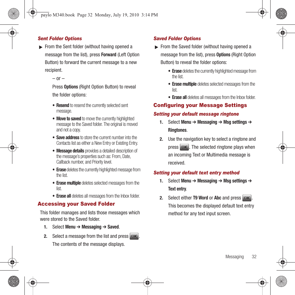 Accessing your saved folder, Configuring your message settings | Samsung SPH-M340ZPAVMU User Manual | Page 35 / 106