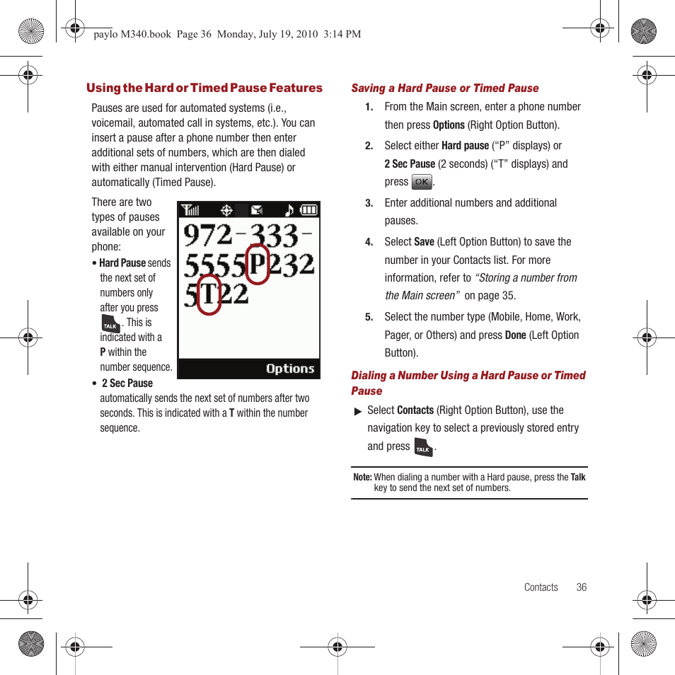 Using the hard or timed pause features | Samsung SPH-M340ZPAVMU User Manual | Page 39 / 106