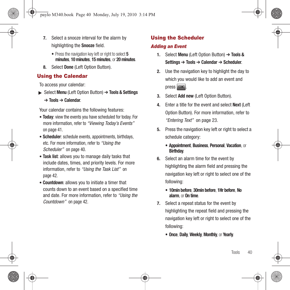Using the calendar, Using the scheduler, Using the calendar using the scheduler | Samsung SPH-M340ZPAVMU User Manual | Page 43 / 106