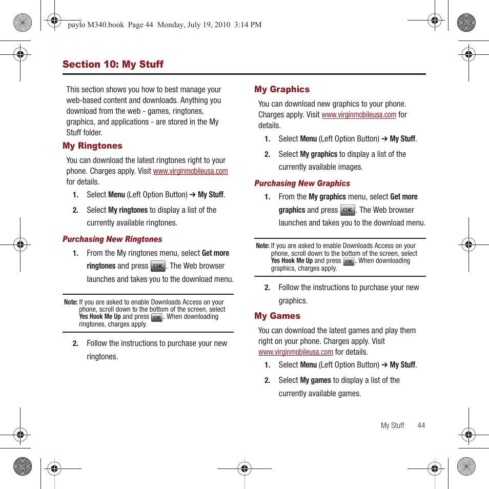 Section 10: my stuff, My ringtones, My graphics | My games, My ringtones my graphics my games | Samsung SPH-M340ZPAVMU User Manual | Page 47 / 106