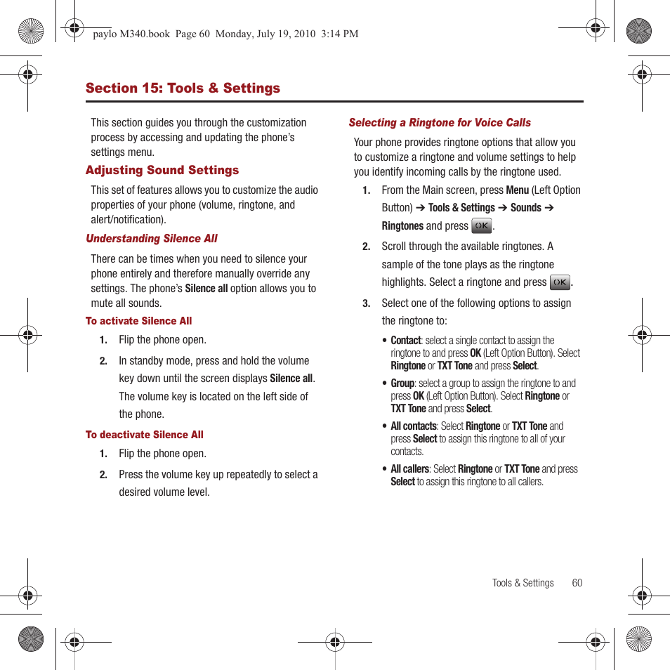 Section 15: tools & settings, Adjusting sound settings | Samsung SPH-M340ZPAVMU User Manual | Page 63 / 106