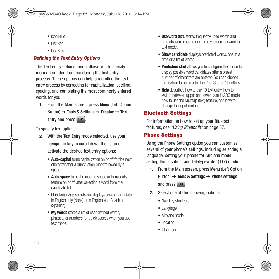 Bluetooth settings, Phone settings, Bluetooth settings phone settings | Samsung SPH-M340ZPAVMU User Manual | Page 68 / 106
