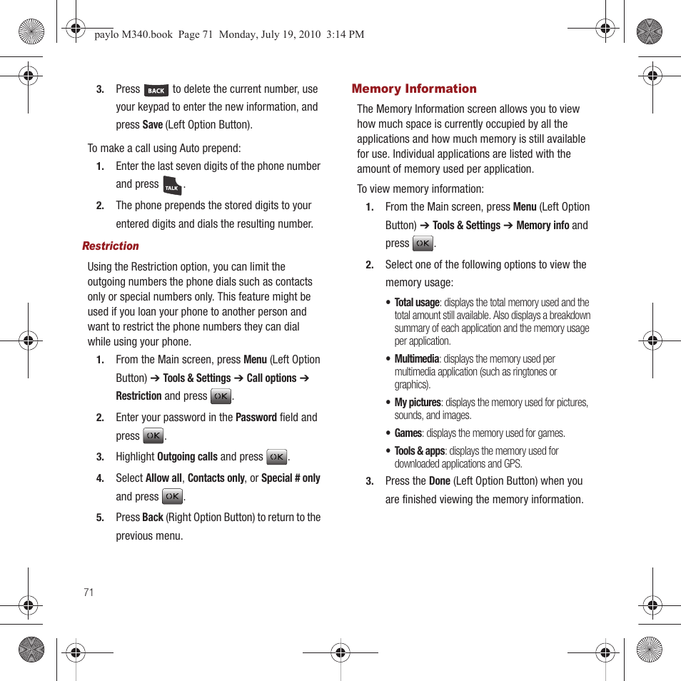 Memory information | Samsung SPH-M340ZPAVMU User Manual | Page 74 / 106