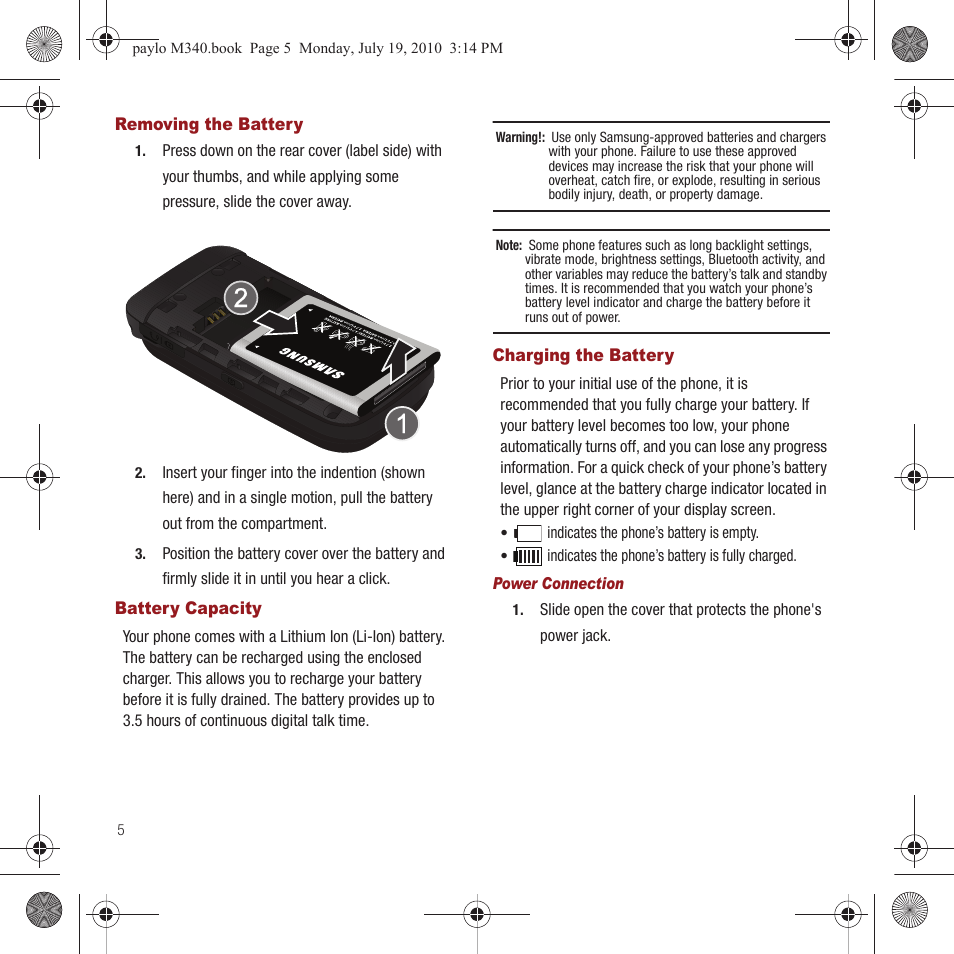 Removing the battery, Battery capacity, Charging the battery | Samsung SPH-M340ZPAVMU User Manual | Page 8 / 106