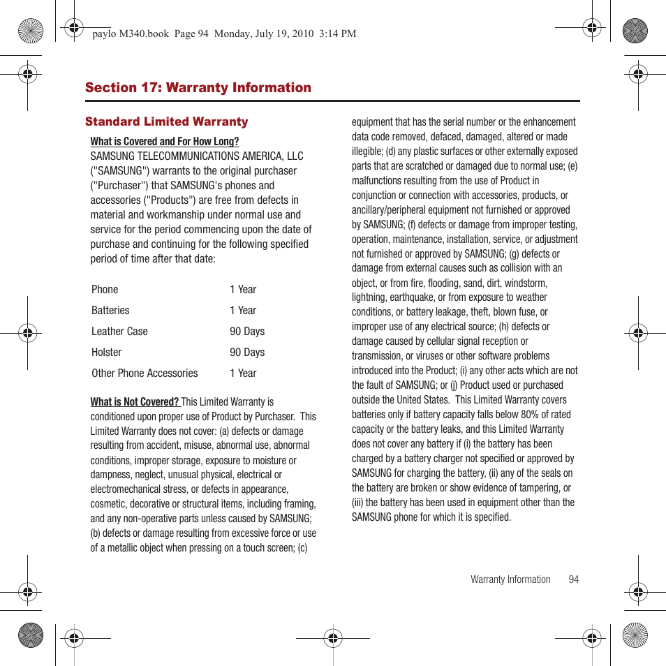 Section 17: warranty information, Standard limited warranty | Samsung SPH-M340ZPAVMU User Manual | Page 97 / 106