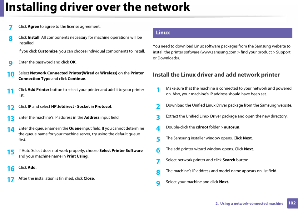 Installing driver over the network | Samsung SL-C410W-XAA User Manual | Page 102 / 232