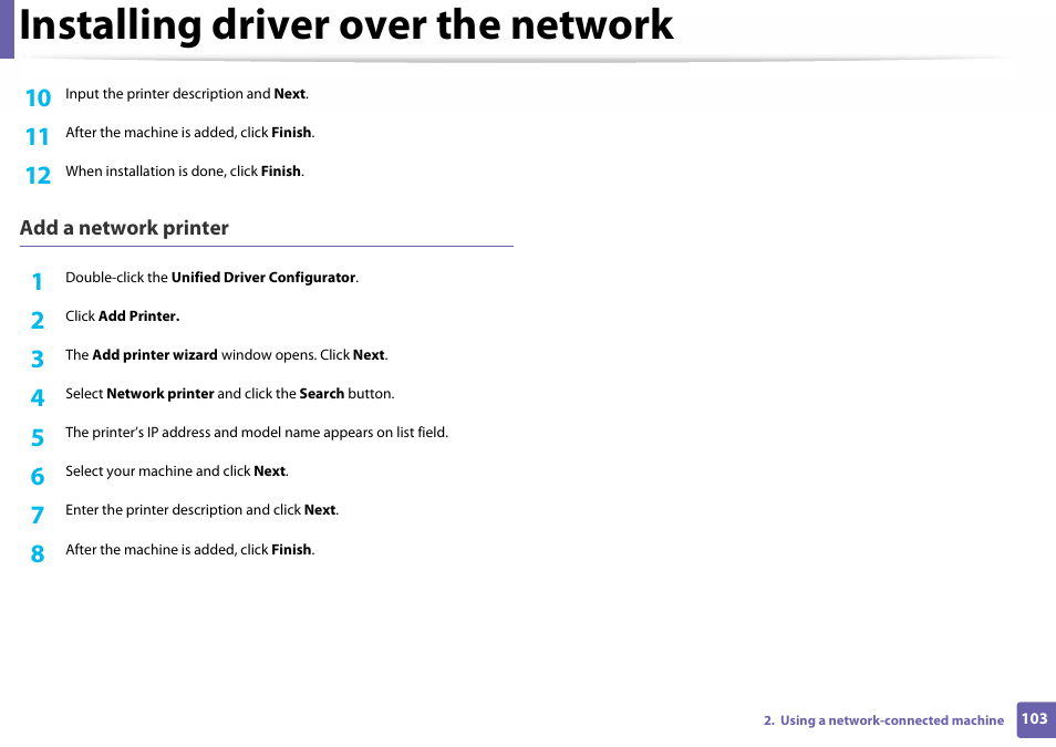 Installing driver over the network | Samsung SL-C410W-XAA User Manual | Page 103 / 232