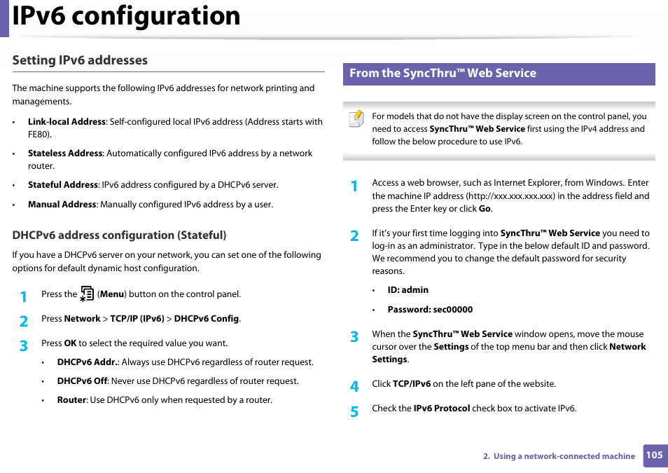 Ipv6 configuration, Setting ipv6 addresses | Samsung SL-C410W-XAA User Manual | Page 105 / 232
