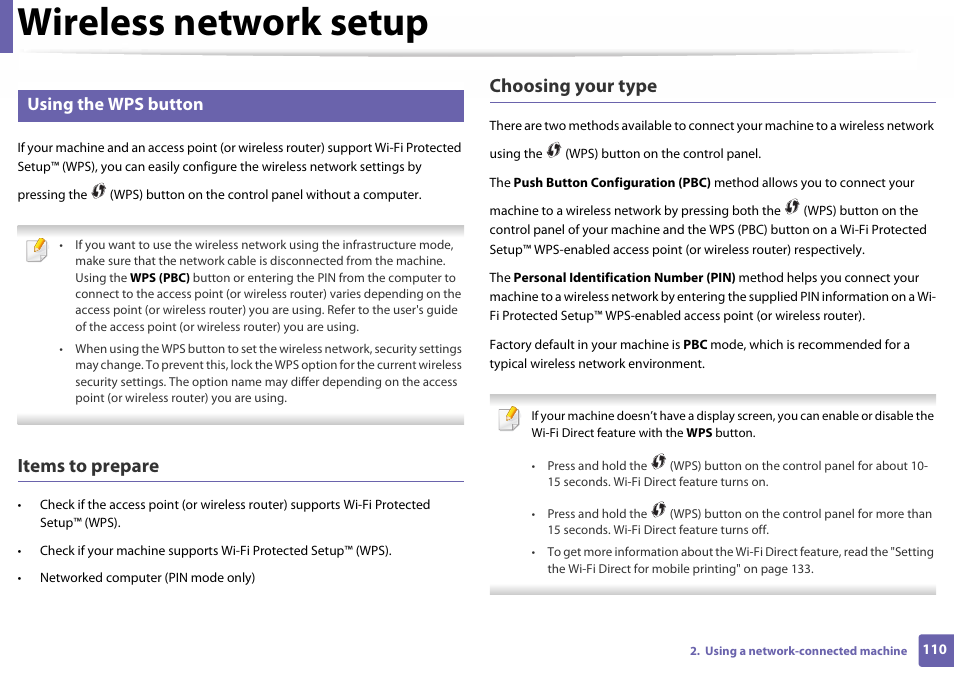 Wireless network setup, Items to prepare, Choosing your type | Using the wps button | Samsung SL-C410W-XAA User Manual | Page 110 / 232