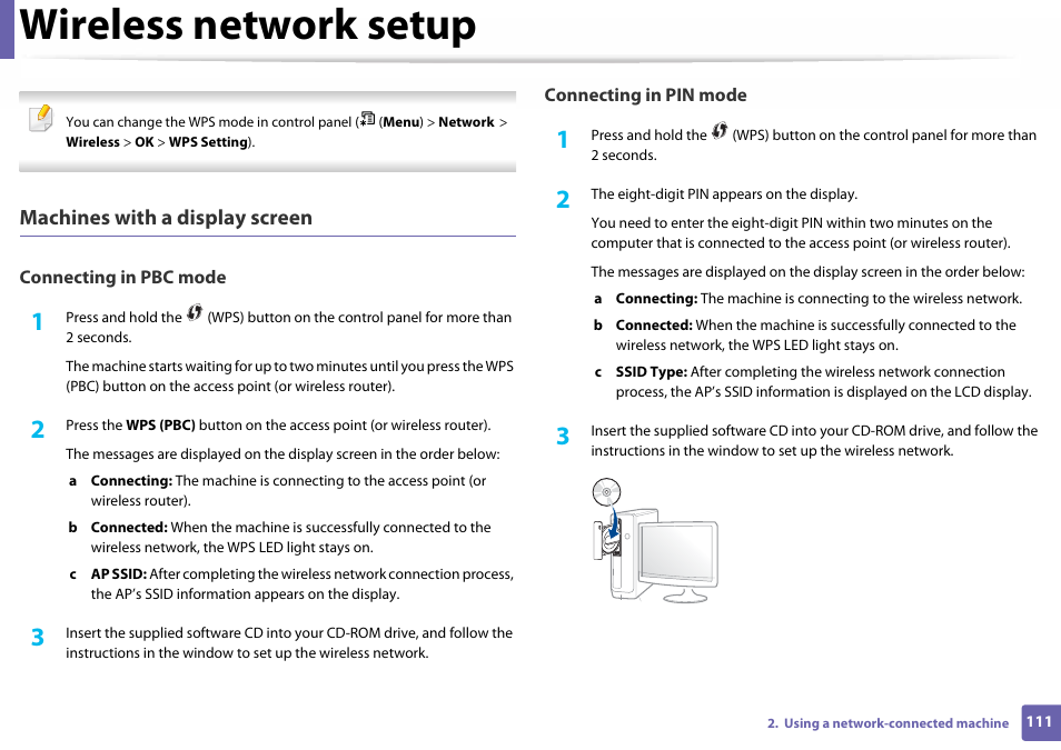 Wireless network setup, Machines with a display screen | Samsung SL-C410W-XAA User Manual | Page 111 / 232