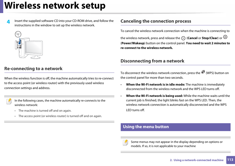 Wireless network setup, Re-connecting to a network, Canceling the connection process | Disconnecting from a network, Using the menu button | Samsung SL-C410W-XAA User Manual | Page 113 / 232