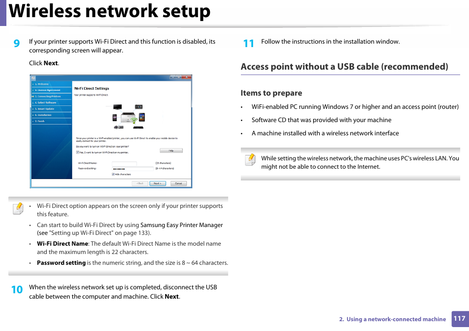 Wireless network setup, Access point without a usb cable (recommended) | Samsung SL-C410W-XAA User Manual | Page 117 / 232