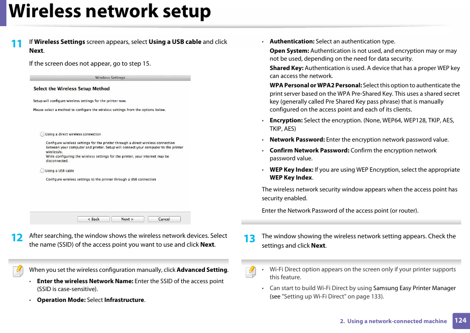 Wireless network setup | Samsung SL-C410W-XAA User Manual | Page 124 / 232