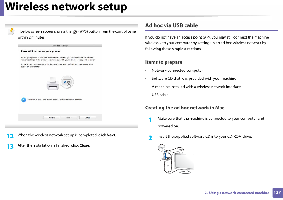 Wireless network setup, Ad hoc via usb cable | Samsung SL-C410W-XAA User Manual | Page 127 / 232