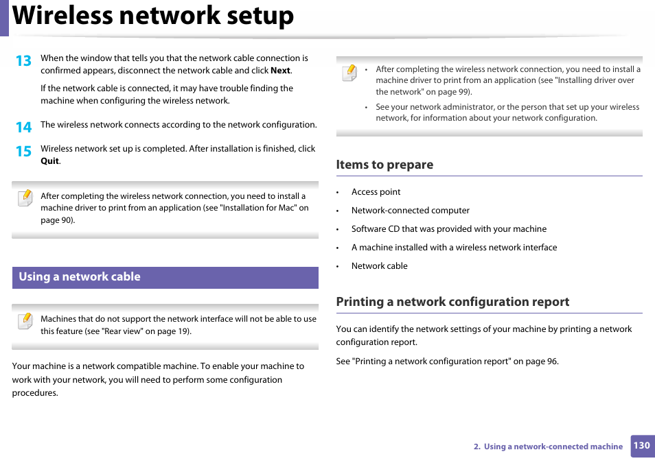 Wireless network setup, Items to prepare, Printing a network configuration report | Using a network cable | Samsung SL-C410W-XAA User Manual | Page 130 / 232