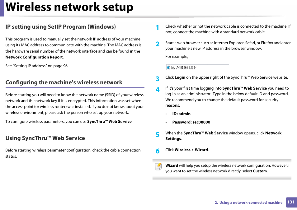 Wireless network setup, Ip setting using setip program (windows), Configuring the machine’s wireless network | Using syncthru™ web service | Samsung SL-C410W-XAA User Manual | Page 131 / 232