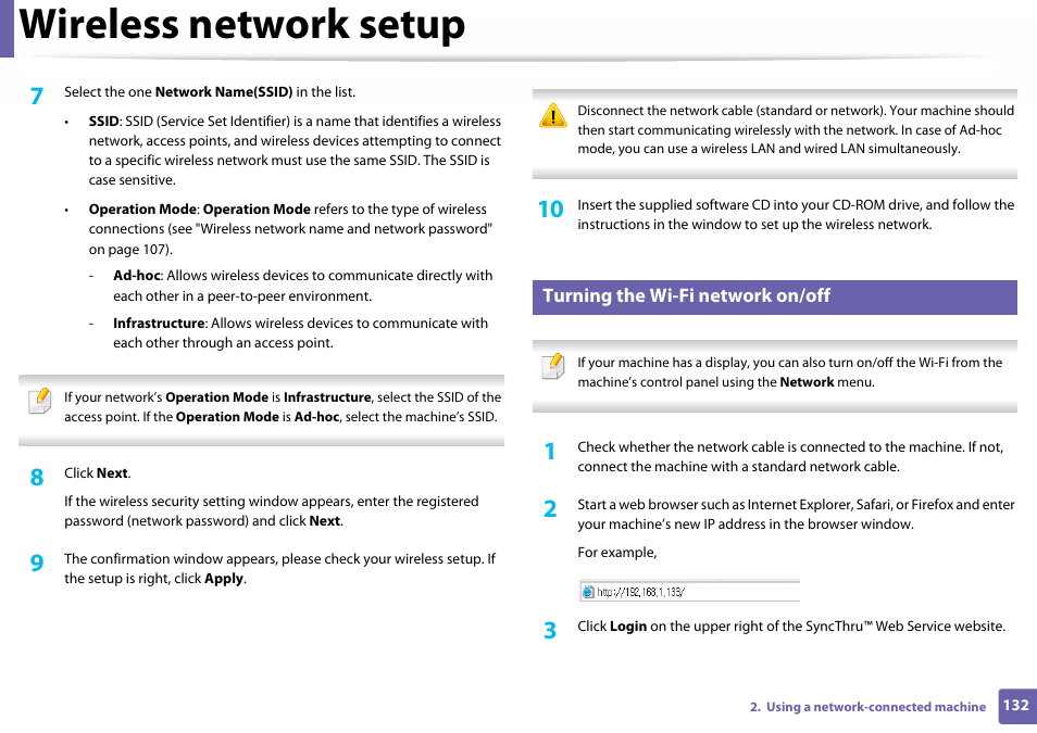 Wireless network setup, Turning the wi-fi network on/off | Samsung SL-C410W-XAA User Manual | Page 132 / 232