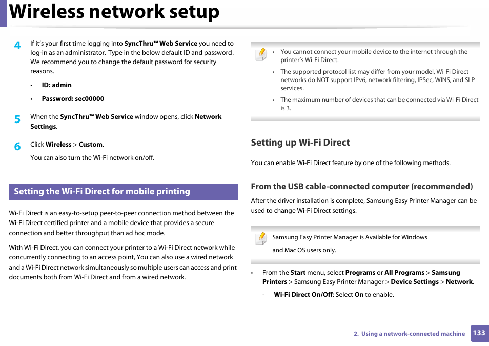 Wireless network setup, Setting up wi-fi direct, Setting the wi-fi direct for mobile printing | Samsung SL-C410W-XAA User Manual | Page 133 / 232