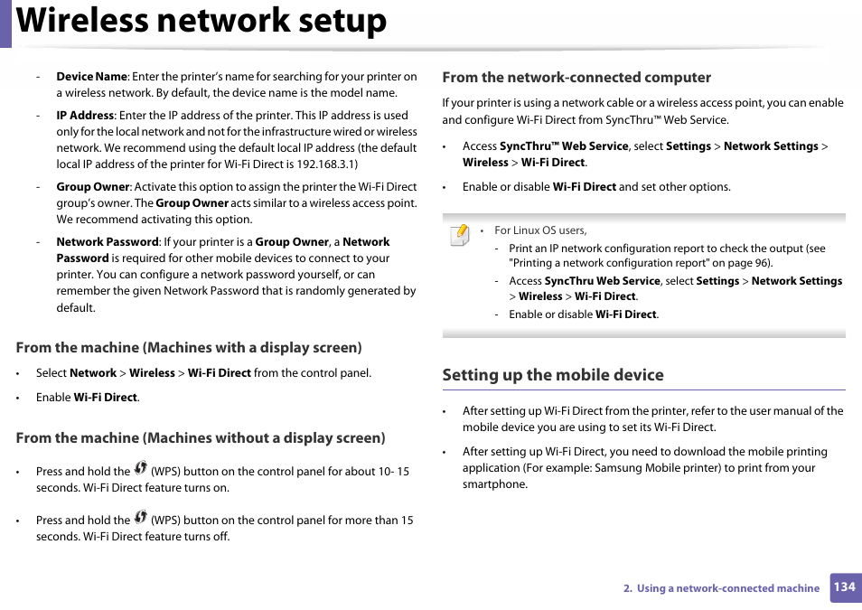 Wireless network setup, Setting up the mobile device | Samsung SL-C410W-XAA User Manual | Page 134 / 232