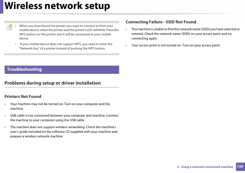 Wireless network setup, Problems during setup or driver installation, Troubleshooting | Samsung SL-C410W-XAA User Manual | Page 135 / 232