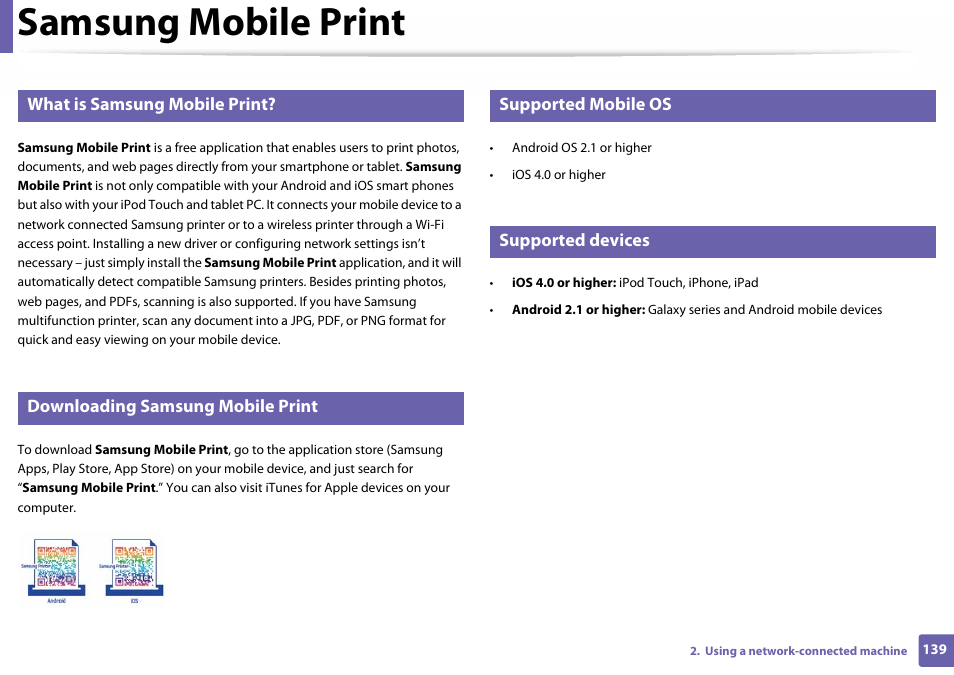 Samsung mobile print, What is samsung mobile print, Downloading samsung mobile print | Supported mobile os, Supported devices | Samsung SL-C410W-XAA User Manual | Page 139 / 232